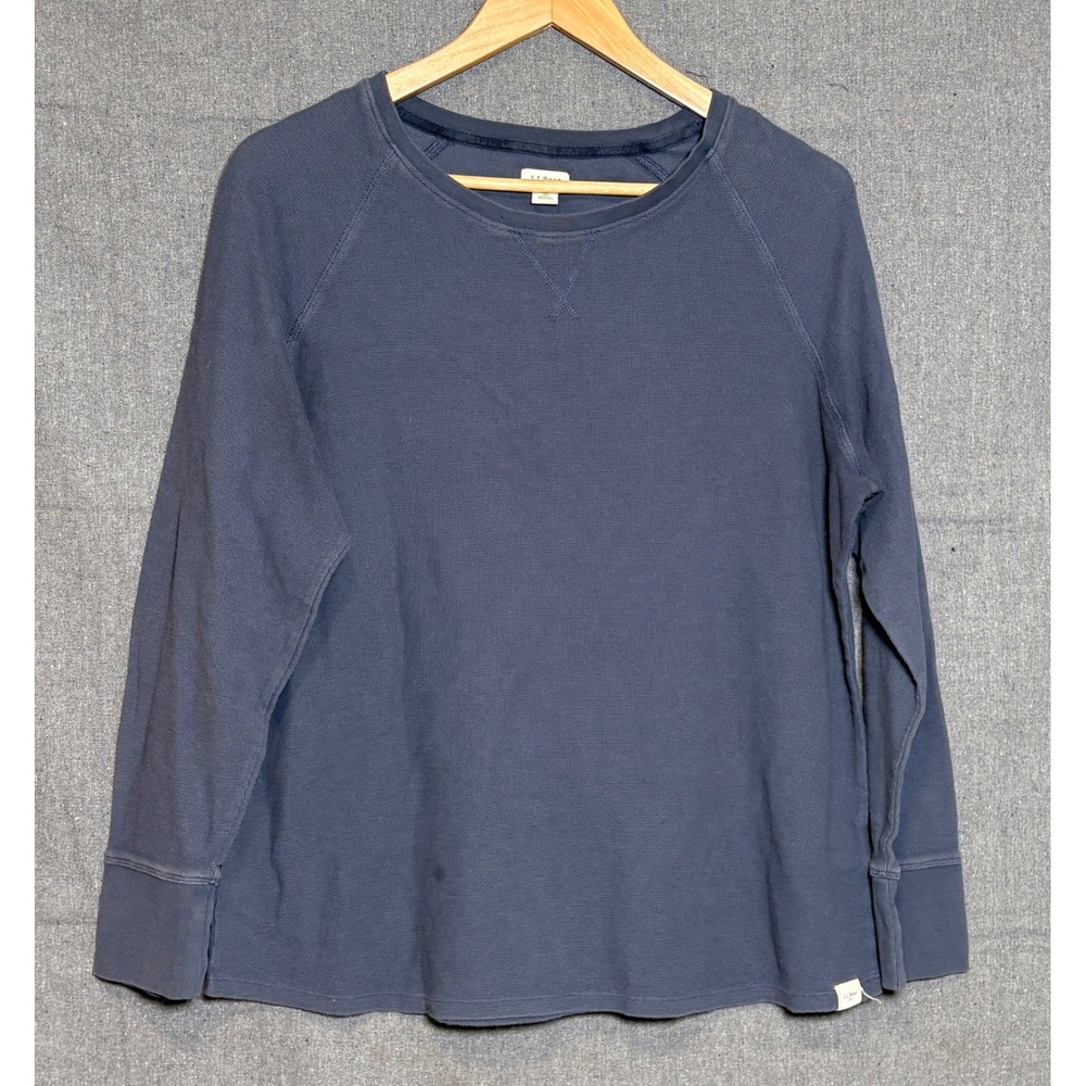 LL Bean Womens XL Navy Blue Waffle Knit Thermal Long Sleeve Shirt Cotton
